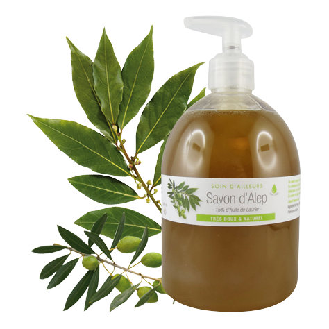 Ce savon d'Alep liquide, élaboré de manière traditionnelle peut s'utiliser  comme savon pour les mains, gel douche, shampooing, ou pour la toilette du  visage des peaux à problèmes, des peaux grasses ou