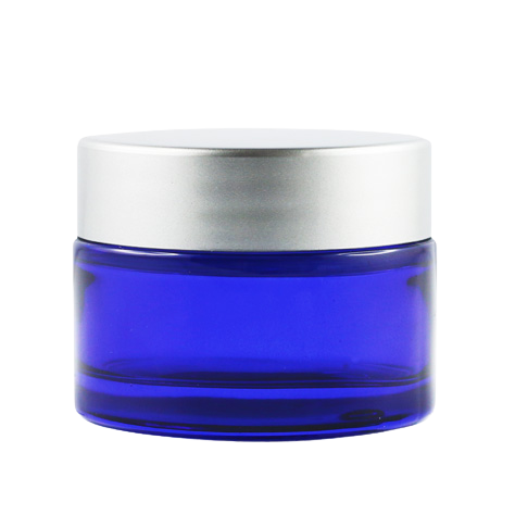 Pot verre bleu 30 ml avec capot argent mat