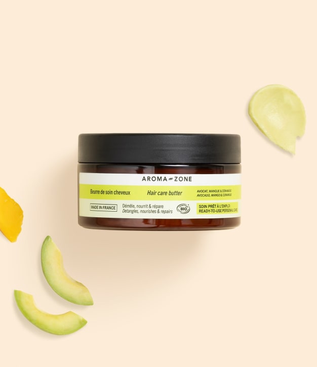 Beurre de soin cheveux Aroma-Zone en pot 100ml sur fond beige