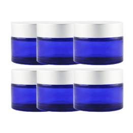 Pots verre bleu 50 ml avec capot argent mat (lot de 6)