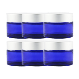 Vasetti in vetro blu da 50 ml con coperchio argento opaco (confezione da 6)