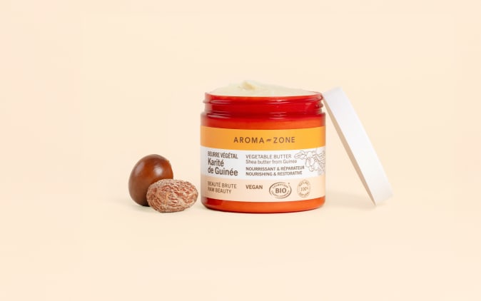 Banner FT Beurre-Vegetale Karite-de-Guinee Pot-Ouvert-et-Ingredients 2500px1566px