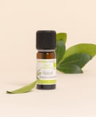 Huile essentielle de niaouli Aroma-Zone avec feuille sur fond beige