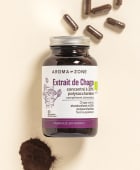 Complément alimentaire Chaga Aroma-Zone sur fond beige avec des gélules et de la poudre