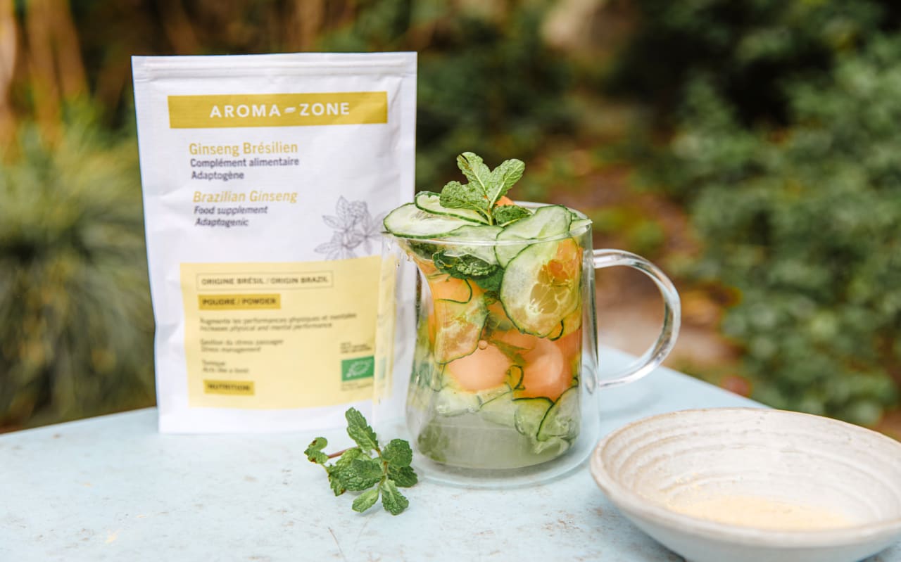 Eau infusée concombre, melon & menthe au ginseng brésilien : une boisson fraîche et désaltérante